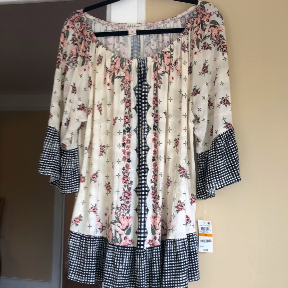 NWT Macy’s Style & Co “Utility Charm” ruffled gingham & flower blouse Sz 3X
